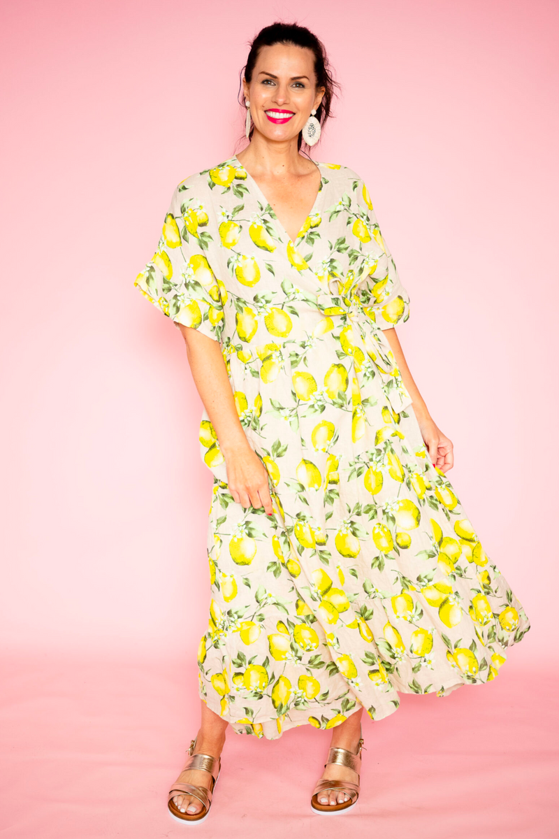 Lemon Linen Wrap Dress